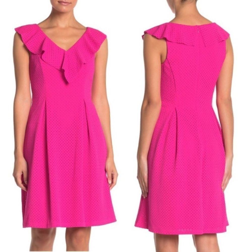 Eliza J Pink Perforated Flare Dress Ruffle Neck Sleeveless Size 6